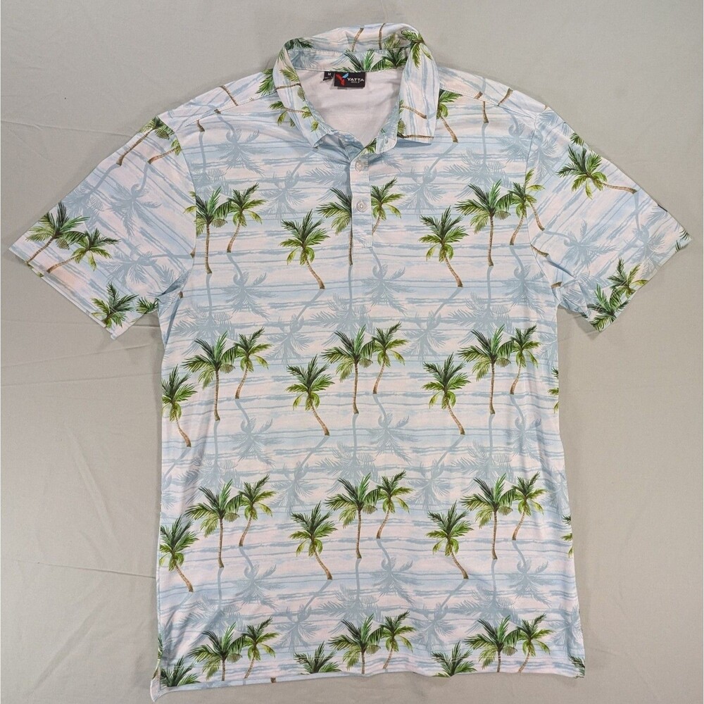 Yatta Golf Polo Shirt Men's Medium Blue Palm Trees Short Sleeve Stretch